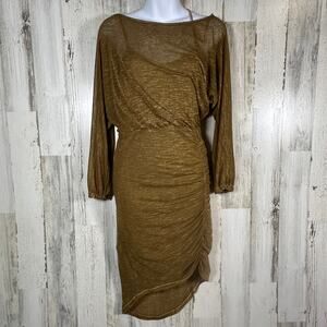 Free People Olive Knit Dress XS | Ruched Hem | Lined | Shows Wear | 100% Cotton